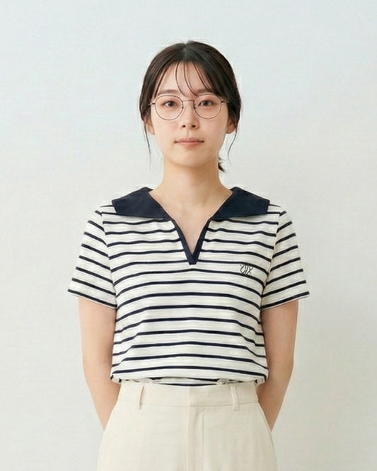 海軍風條紋翻領V領短袖T恤