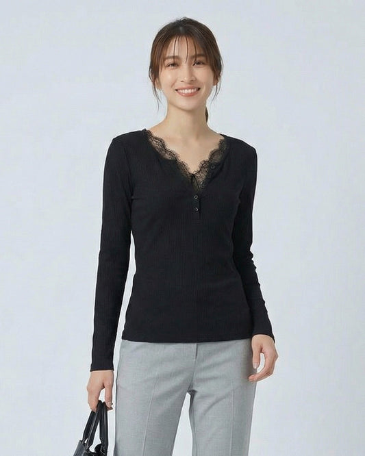 蕾絲拼接V領排釦修身長袖T恤