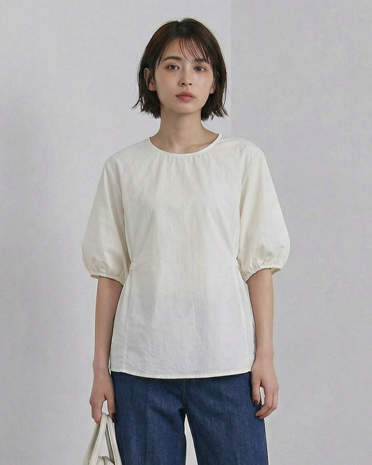 泡泡袖收腰V背開衩襯衫