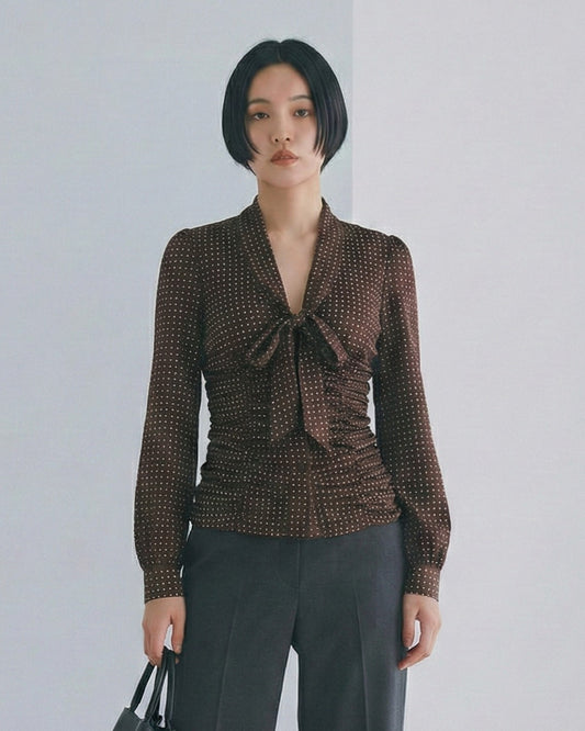 棕色波點V領綁帶褶皺長袖襯衫