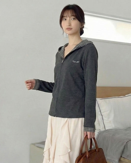 格紋拼接假兩件拉鍊連帽開襟衫