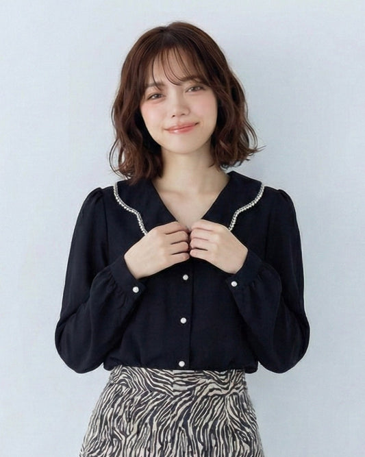 珍珠鑲邊娃娃領燈籠袖襯衫