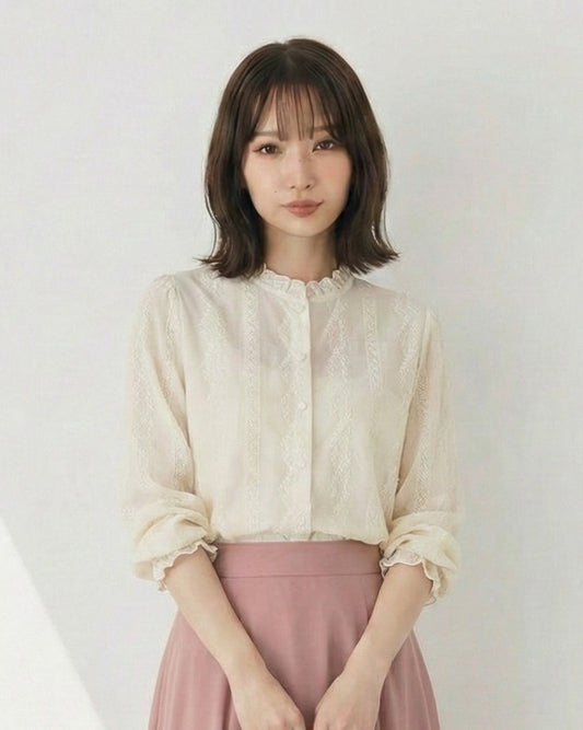 杏色立領荷葉邊刺繡襯衫