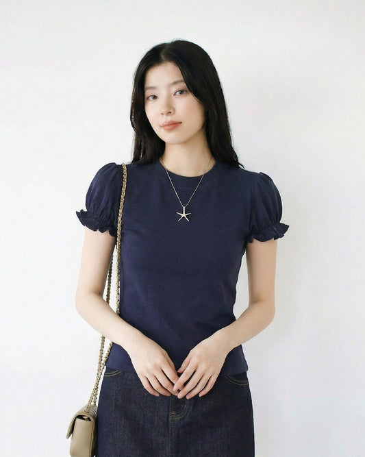 泡泡袖荷葉邊修身短版T恤