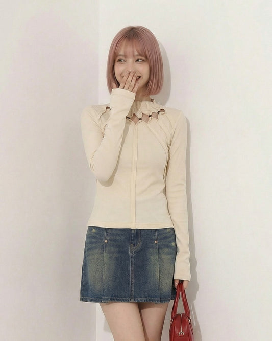 透空褶皺立領修身長袖T恤