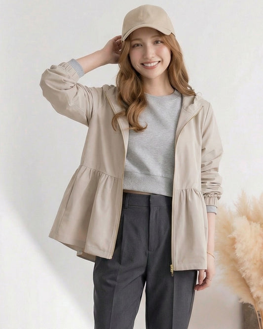 連帽拉鍊收腰A字型風衣