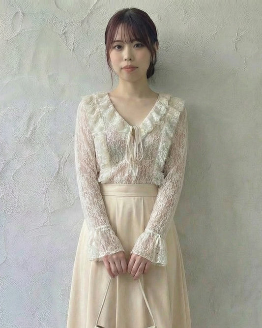 蕾絲透視荷葉邊綁帶長袖上衣