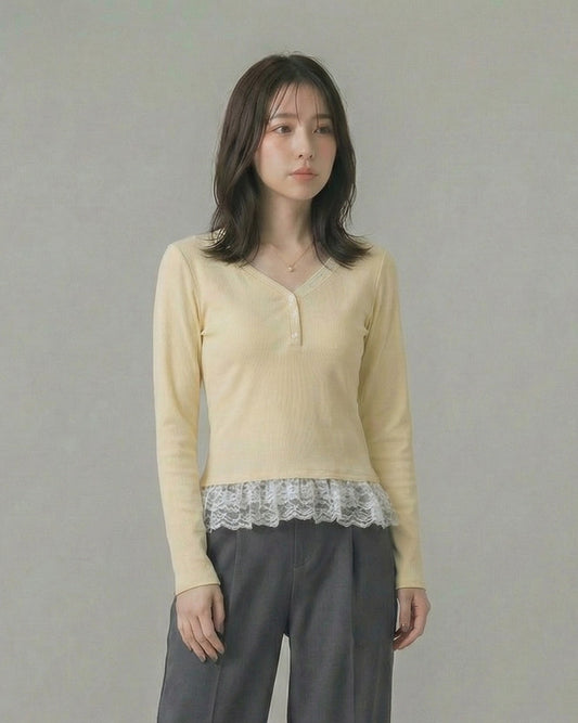 V領排扣蕾絲拼接內搭上衣