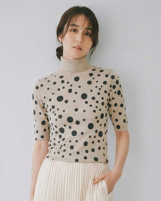 淺灰波點高領短版修身針織上衣