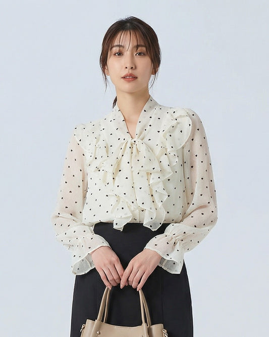 杏色愛心印花飄帶荷葉邊襯衫