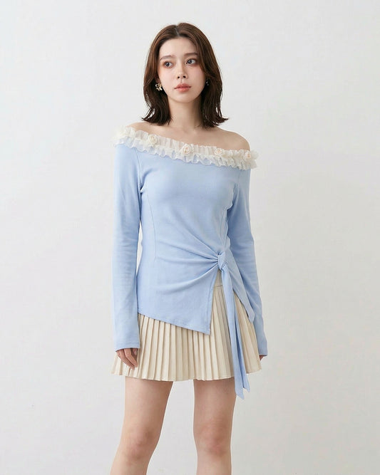 一字領蕾絲拼接側腰綁帶收腰長袖T恤