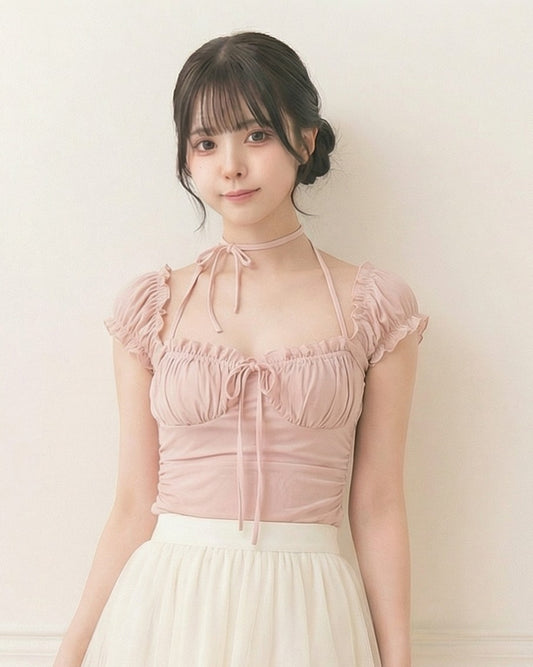 掛頸綁帶褶皺收腰吊帶背心