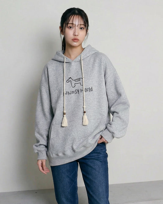 灰階刺繡小狗流蘇抽繩連帽衛衣