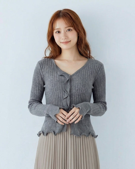 灰階V領荷葉邊修身羅紋針織上衣