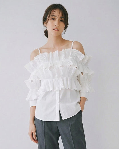 一字領荷葉褶層次感襯衫