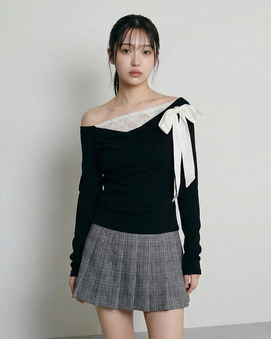 斜肩設計露鎖骨蝴蝶結T恤｜蕾絲拼接領口
