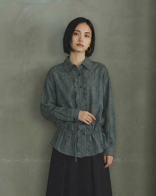 荷葉邊門襟收腰褶皺襯衫