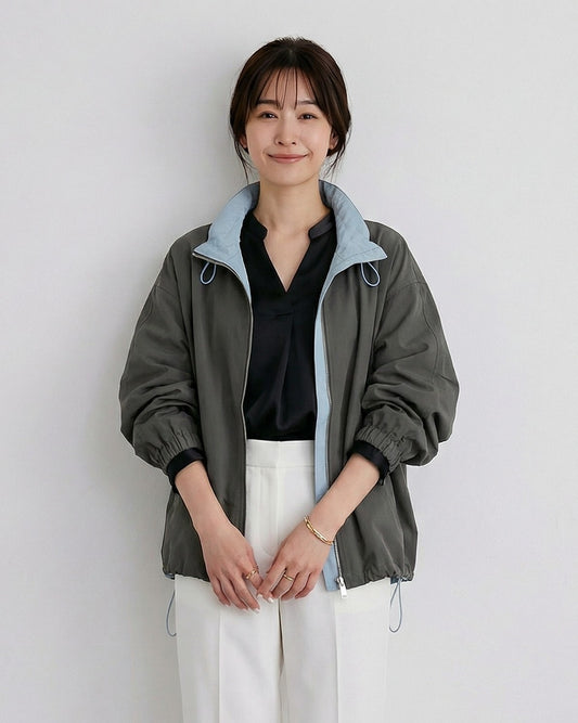 灰階立領抽繩拼接色內裡夾克