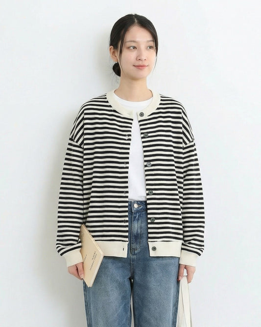 黑色橫條紋寬鬆落肩短版外套