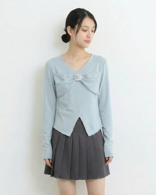V領蝴蝶結胸飾不對稱下擺長袖T恤