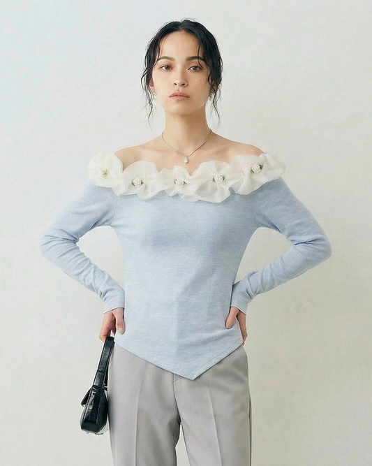 一字領立體蕾絲綁帶長袖T恤