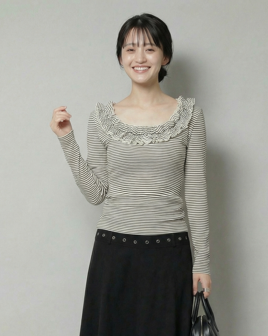 荷葉邊方領條紋修身針織上衣