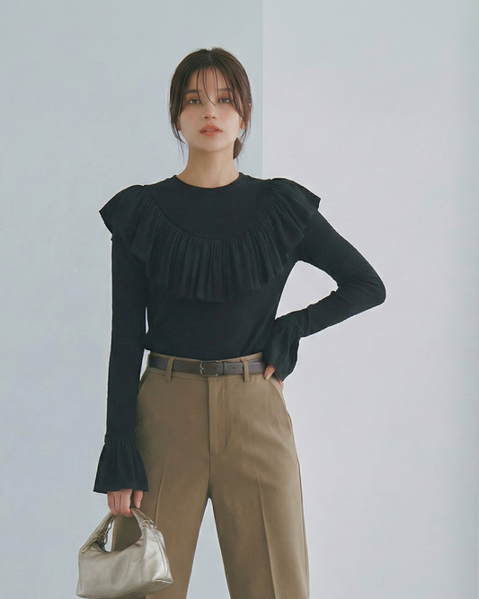 立體泡泡肩＋荷葉邊褶飾修身T恤