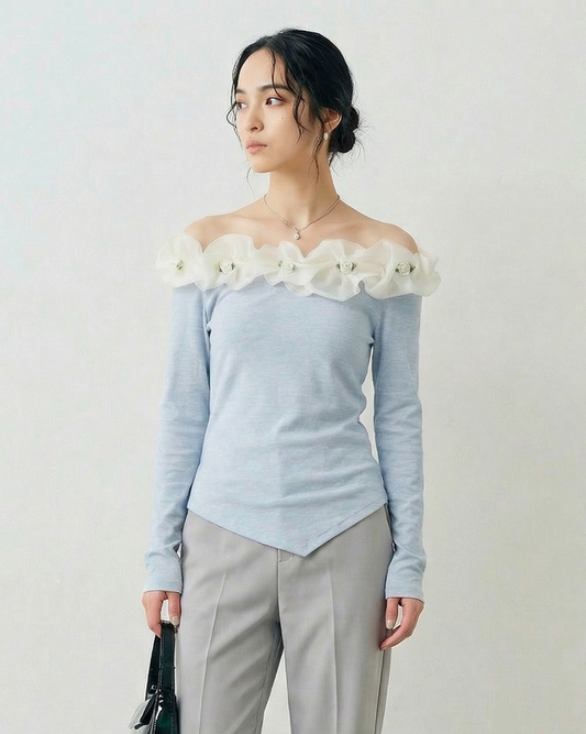 一字領立體蕾絲綁帶長袖T恤