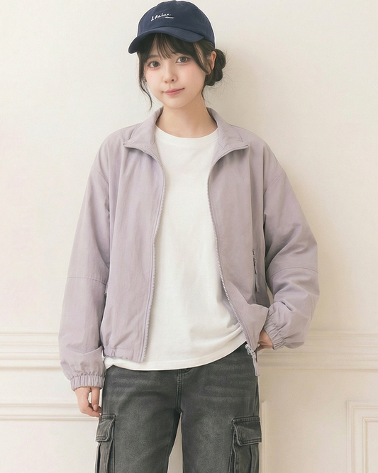 紫色立領拉鍊短版夾克