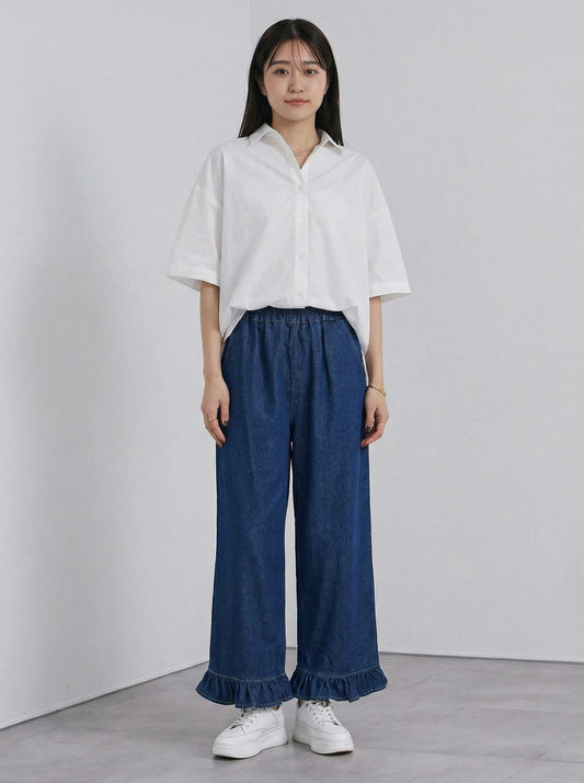 鬆緊高腰荷葉邊牛仔寬褲