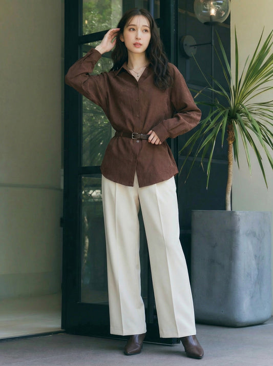 棕色麂皮質感寬鬆長袖襯衫