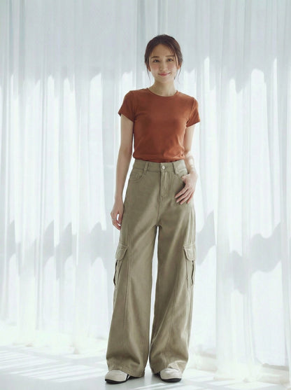 高腰工裝風寬褲腳拖地牛仔長褲