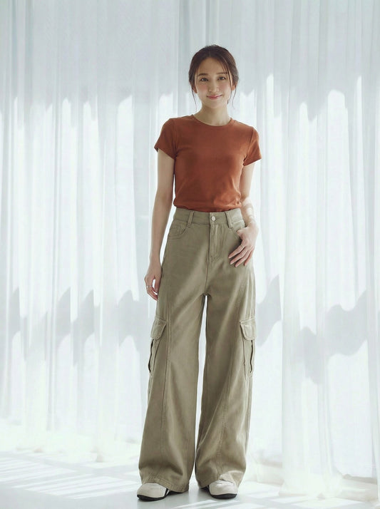 高腰工裝風寬褲腳拖地牛仔長褲